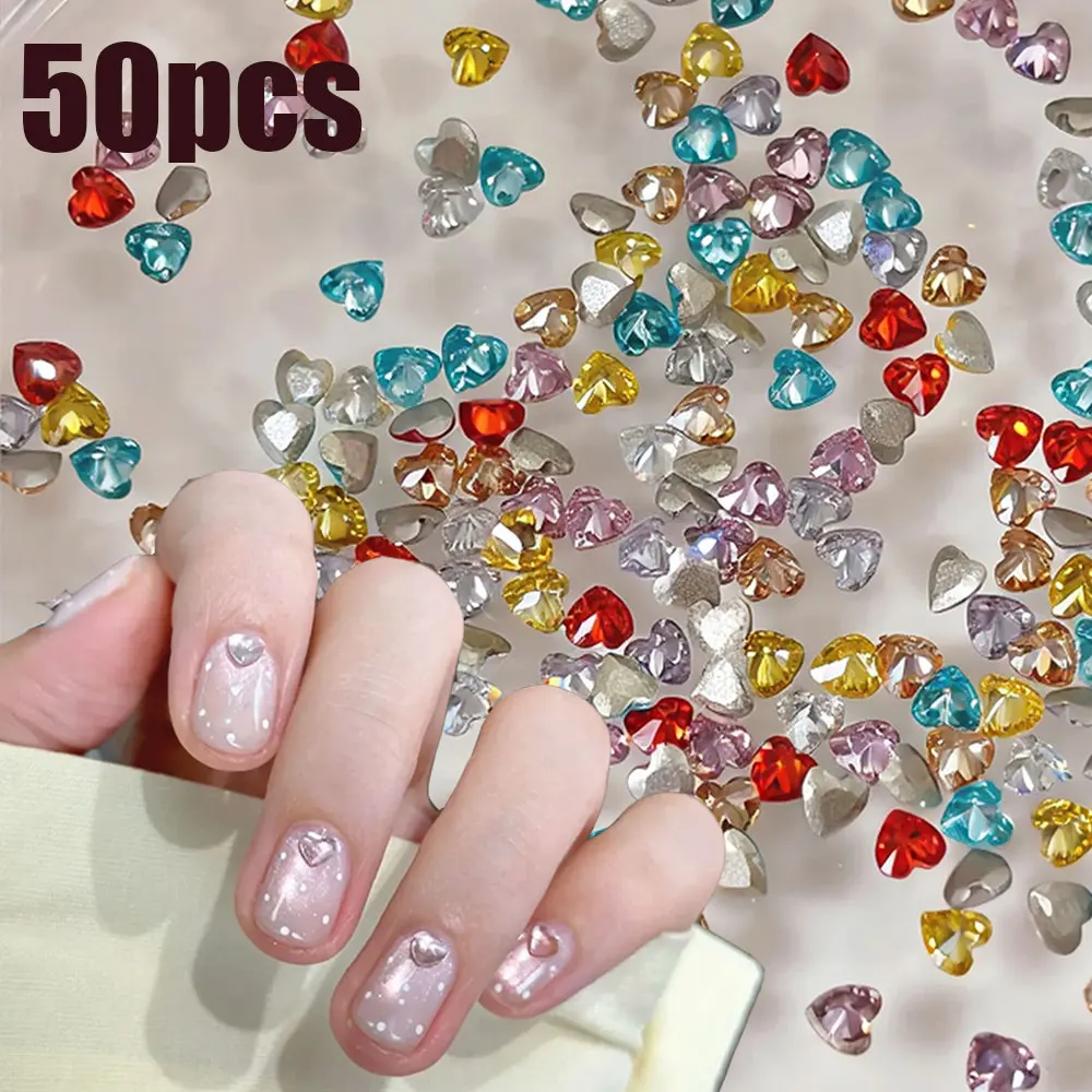 50Pcs Kawaii Multicolor Love Heart Nail Rhinestones Shiny Candy Color K9 Zircon 3D Flatback Nail Charms Sparkle Heart Nail Gems1