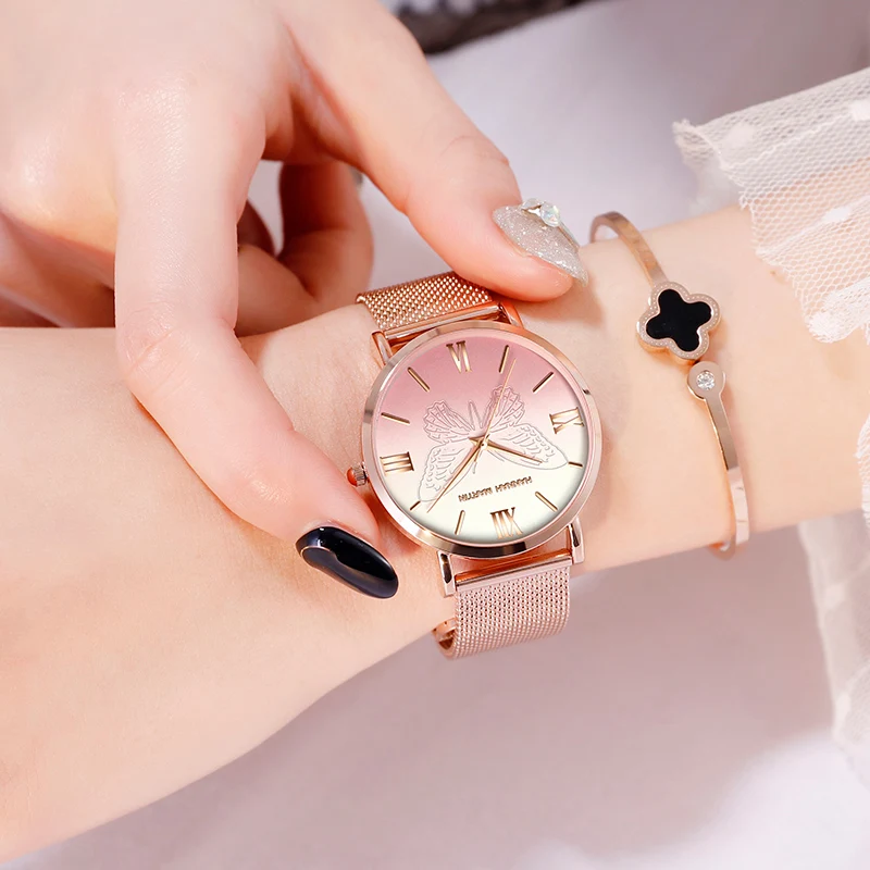 Hannah Martin Women Watch Original Design 3D Butterfly Rose Gold Stainless Steel Mesh Belt Japanese Movement Quartz Watch Women