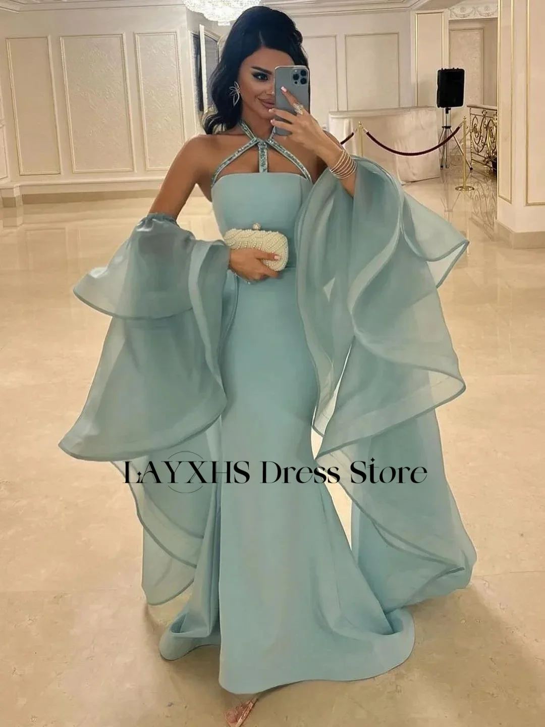 LAYXHS Abiti da sera alla moda con scollo all'americana Sirena con perline Manica rimovibile con volant Abiti da ballo lunghi fino al pavimento Personalizzati