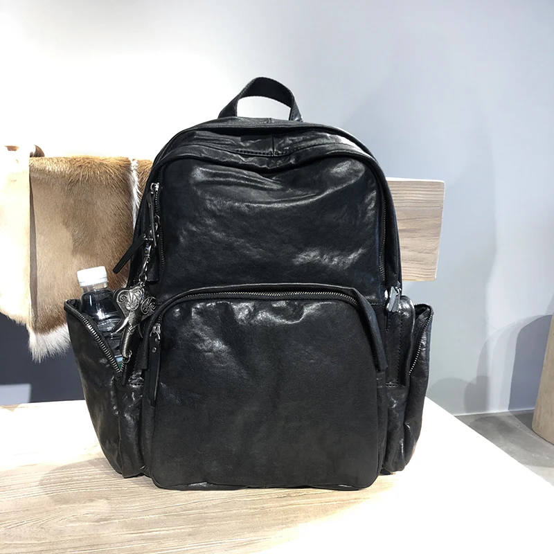 Pure leather, outstanding aura! Cowhide backpack Men Black leather school bag laptop backpack retro travel backpacks trend