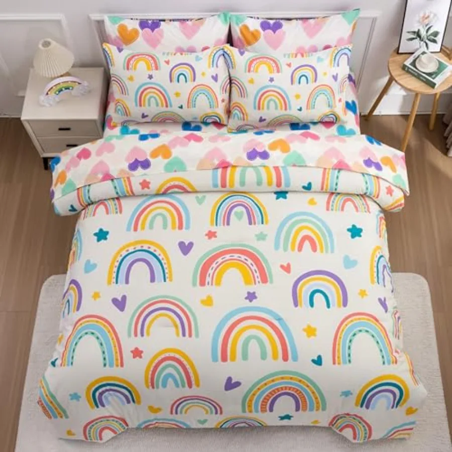 

5 Pcs bow Comforter Set for Girls Boys Size Cartoon Love Hearts Flowers and Sun Star Bedding Set Bed in a Bag with Comforter Sh