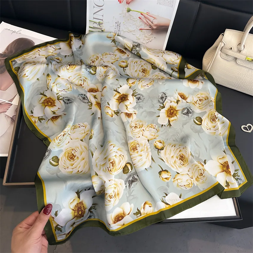 الفاخرة طباعة الربيع رابطة عنق شال 2024 الحرير مربع وشاح النساء يلتف الإناث 70 سنتيمتر الشعر اليد المعصم الرأس الحجاب باندانا