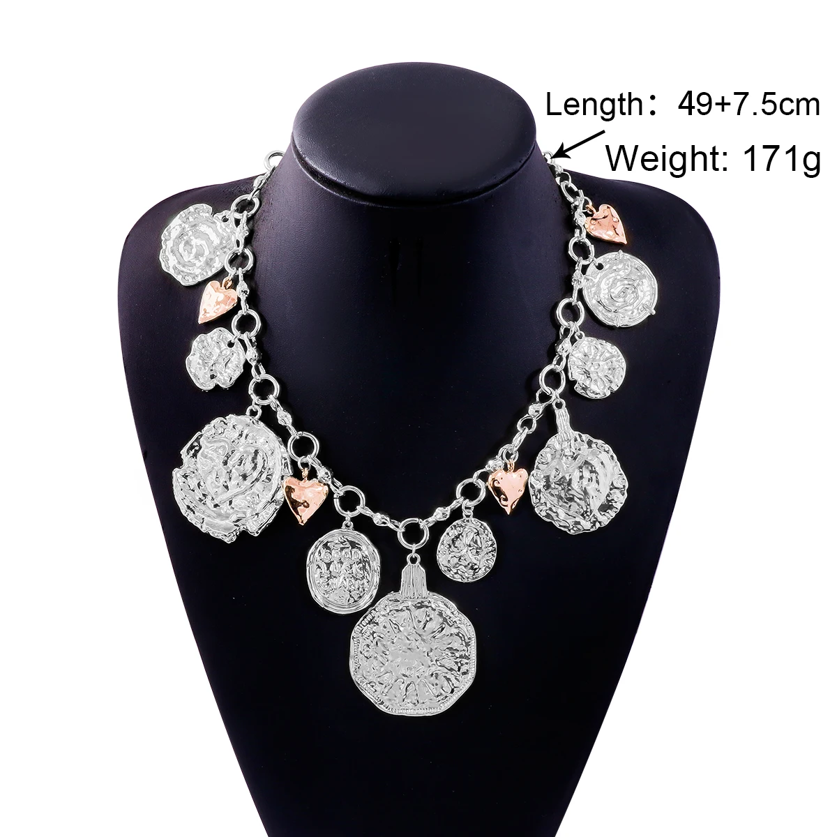 ZAA Vintage Irregular Metal Heart-shaped Round Badge Pendant Necklace for Women Statement Jewelry Neck Accessories