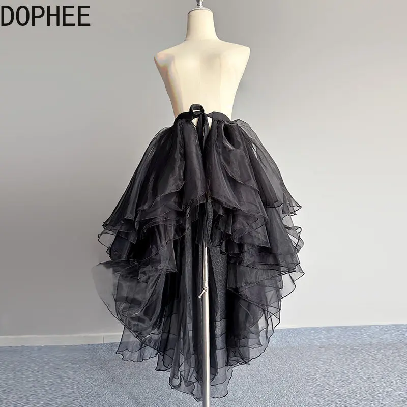 Original New Summer Fluffy Irregular Trailing Ultra Long Skirt High Waist Lace-up Elegant Ruffles Perspective 6 Layers Overskirt