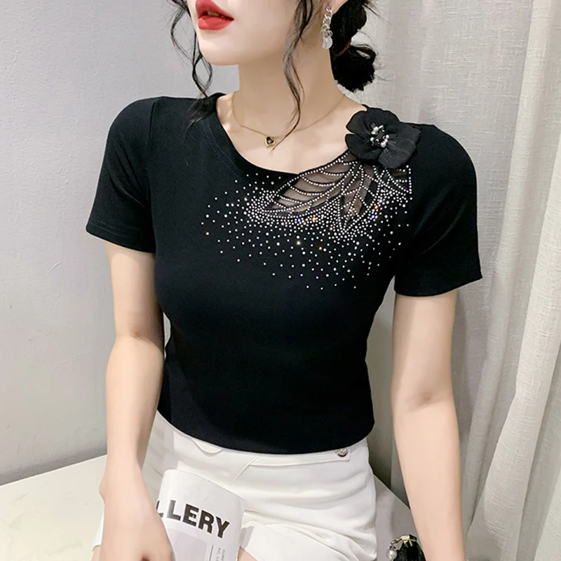 Summer New Short Sleeved T-Shirt Fashion Casual Beads And Flower Rhinestones Hollow Out High Stretch Mesh Tops