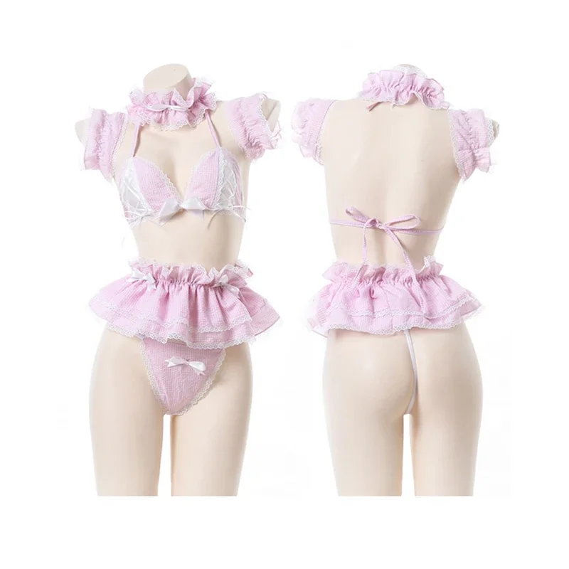 Kawaii Girls Candy Sweetheart Cosplay Maid Strapless Lace Plaid Underwear Set Anime Sexy Camisoles & Skirt Lingerie Set Dropship