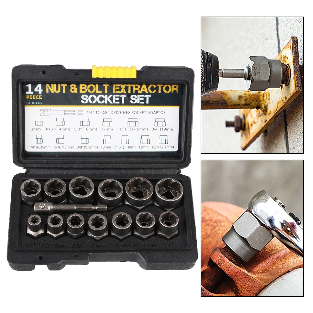 Car Tool Kit Hand Tools 6.35mm-19mm Bolt Nut Remover Socket Set 14pcs Damaged Screw Extractor Cr-Mo Steel