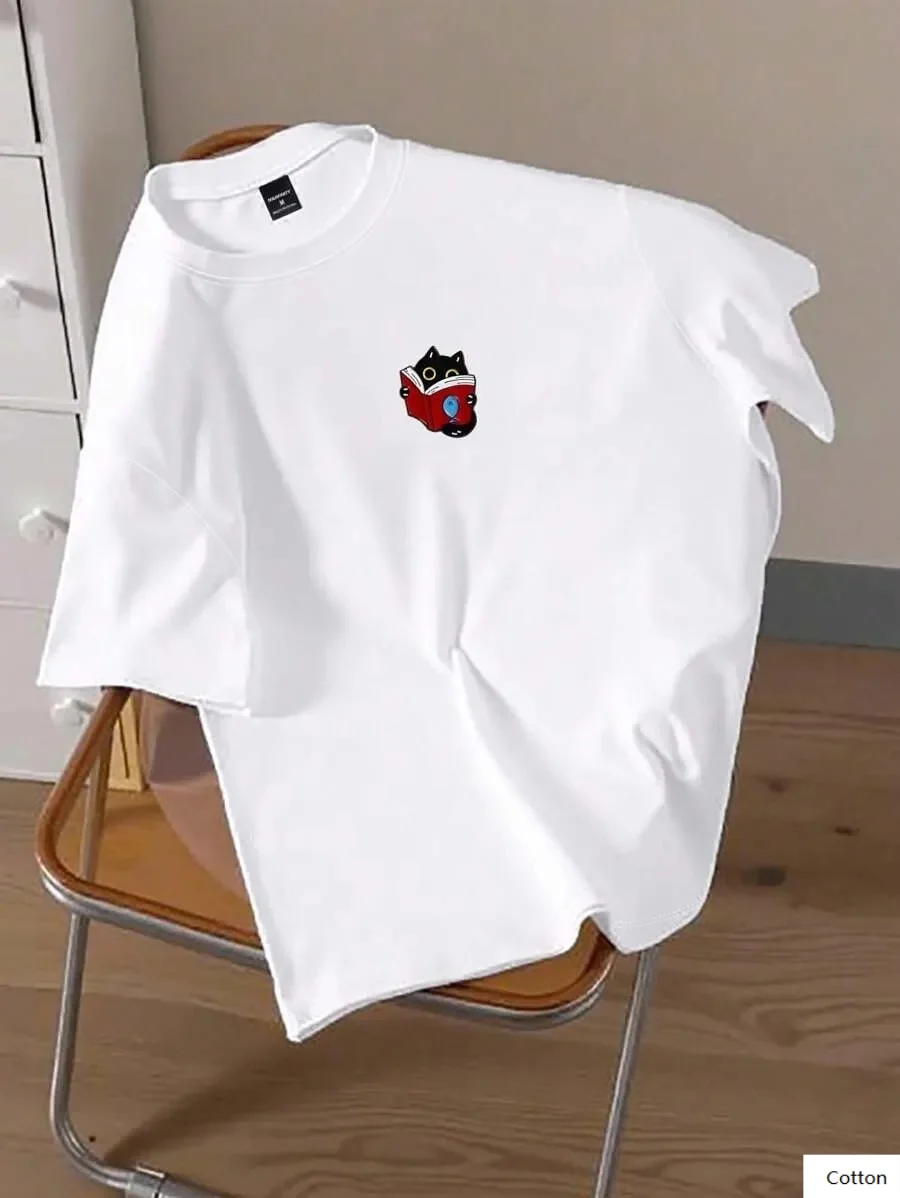 

Хлопковая футболка с милым котом и принтом для чтения книг, идеально подходящая для любителей книг, повседневная повседневная одежда, классическая футболка с принтом, Новое поступление, S-4XL