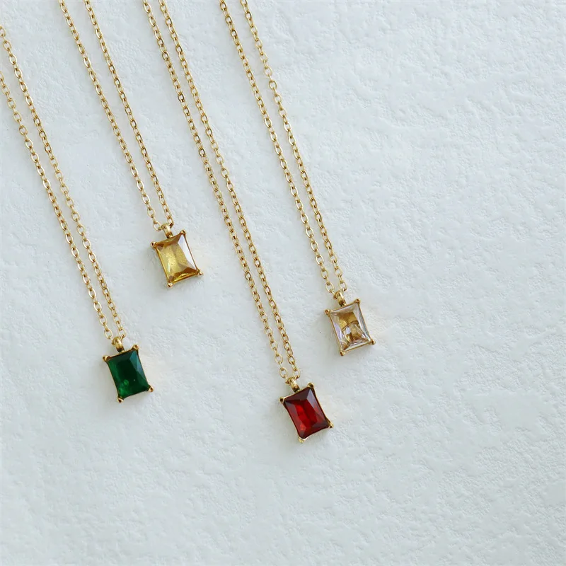 Good Quality Square Zircon Necklace 18K Gold Plated Red/Green Cubic CZ Pendant Colorful Minimalist Stainless Steel Neck Jewelry image 3