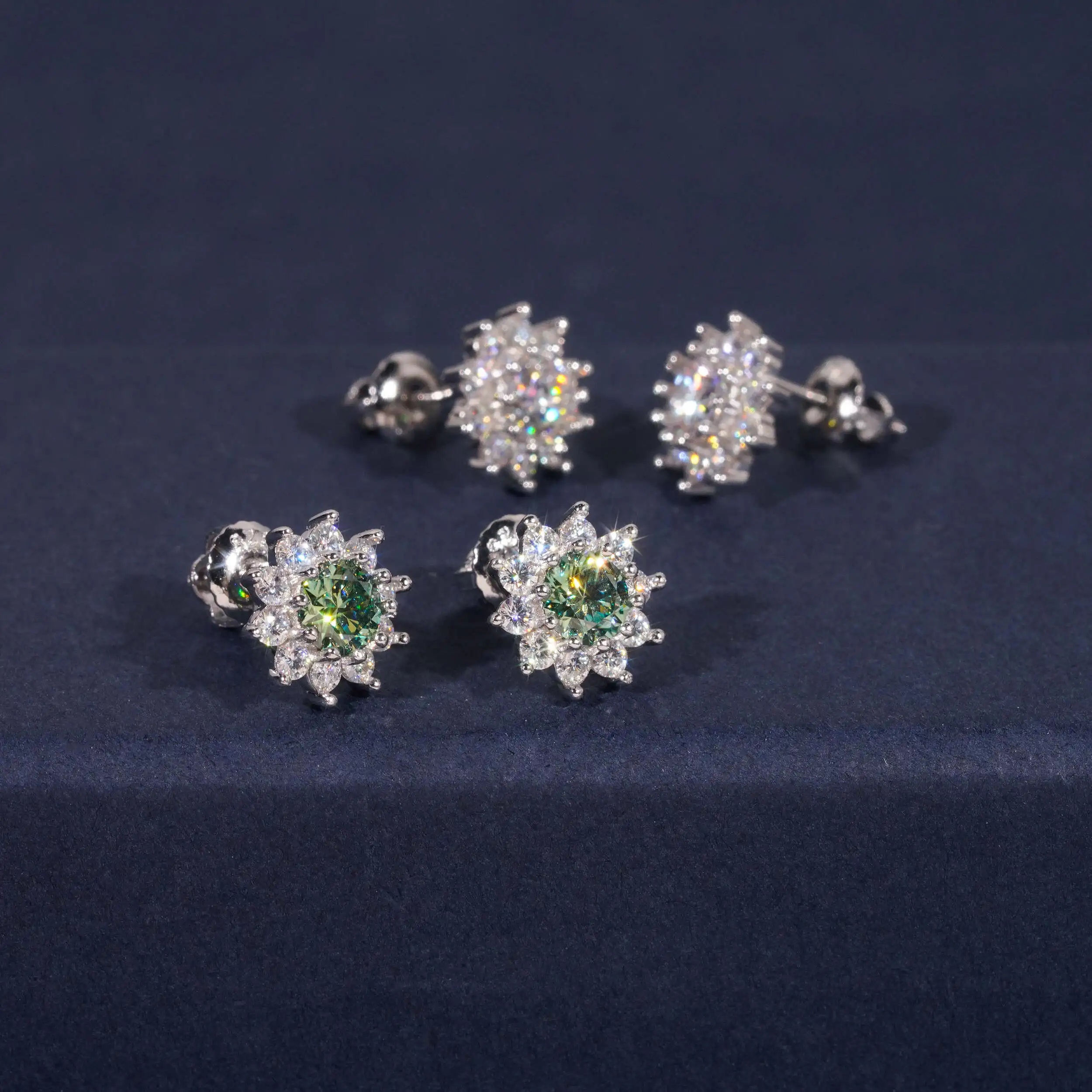 Fine Jewelry 925 Sterling Silver Screw Back Blue Green Moissanite Diamond Sunflower Hip Hop Stud Earrings