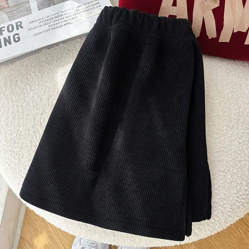 Women's Corduroy Sweatshirt Thickened Fleece High Waist A-Line Skirt Half-length Autumn Winter Fashion Commute Pure Color