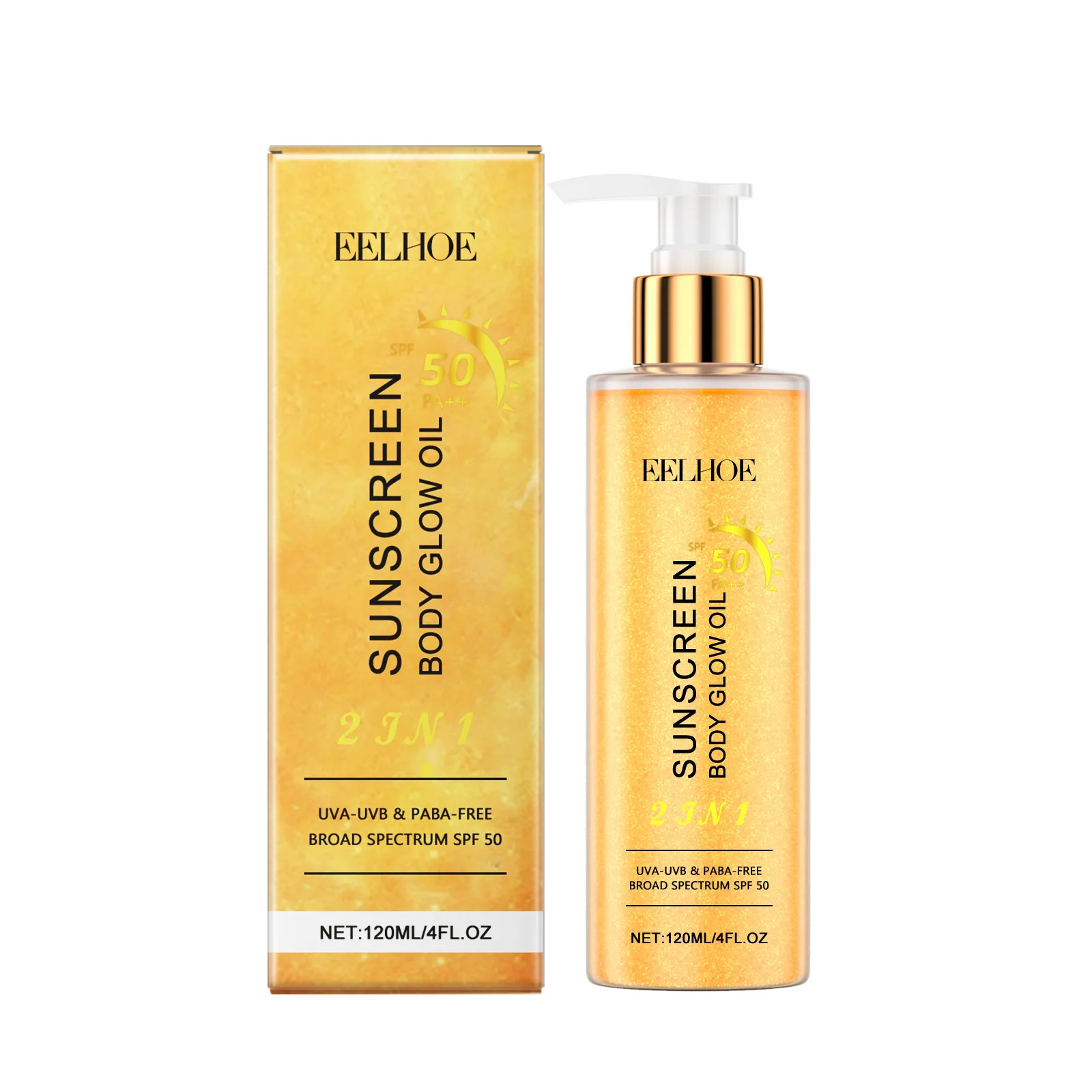 EELHOE 2 In1 Sunscreen Spf 50 Body Oil for Glowing Skin Protection Prevent Uvb Oil Control High Gloss Golden Body Shimmer Oil