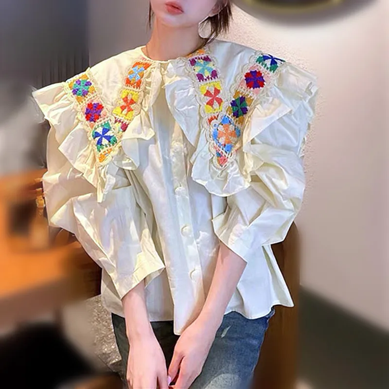 

New White Ruffle Shirts Blouses Long Lantern Sleeve Women Big Collar Shirts Knit Flowers Appliques Embroidery Blouses Tops NZ272