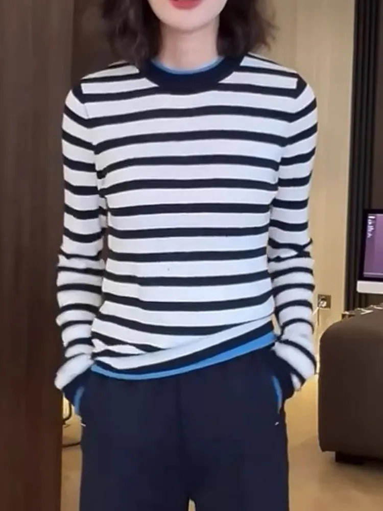 

Casual round Neck Long Sleeve Stripe Base Shirt Commute Inner Wear Casual Style Fashion Sun Protection Women's Top