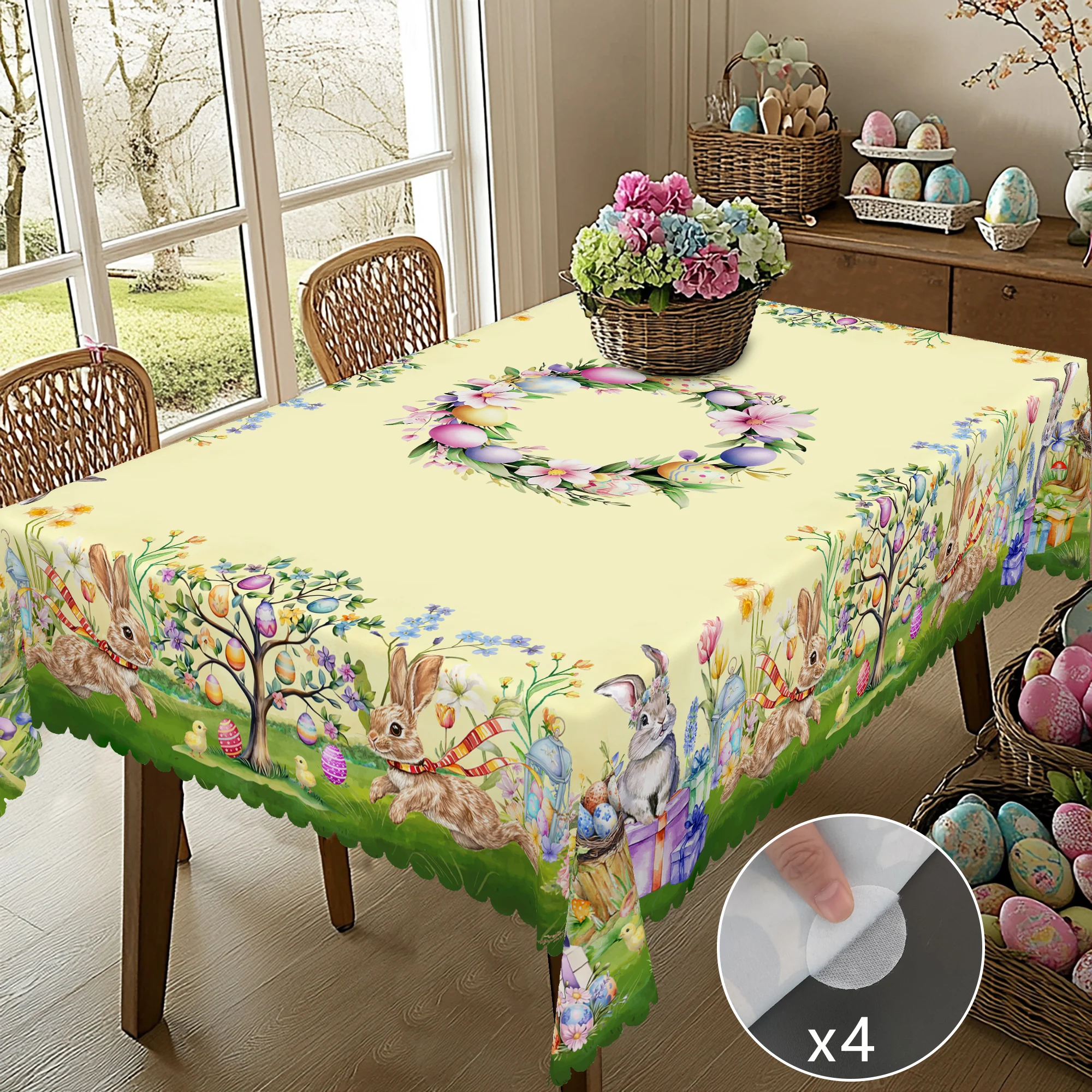 1 Easter Round Tablecloth, 5 Sizes Available, Tulip Easter Bunny Egg Garden Printed Square Tablecloth, Edge Embossing Process, Spring Garden