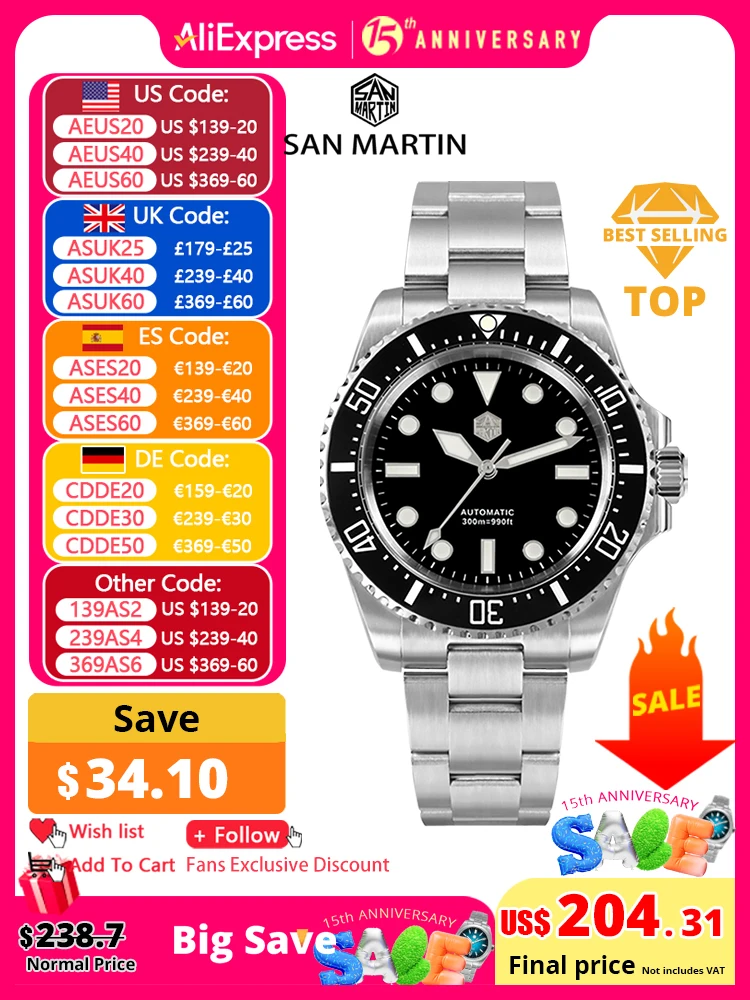 San Martin 2023 New Men Diving Watch NH35 Luxury Automatic Mechanical Wristwatch Sapphire Waterproof 300m Fly Adjustable Clasp