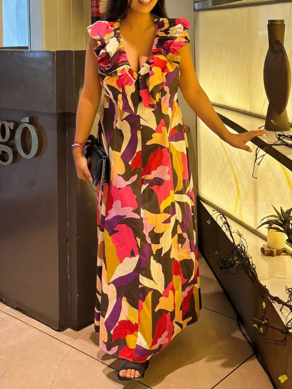 Women's waist belt printed poplin waist dress V-neck sleeveless side zipper autumn new elegant and fashionable long dress
