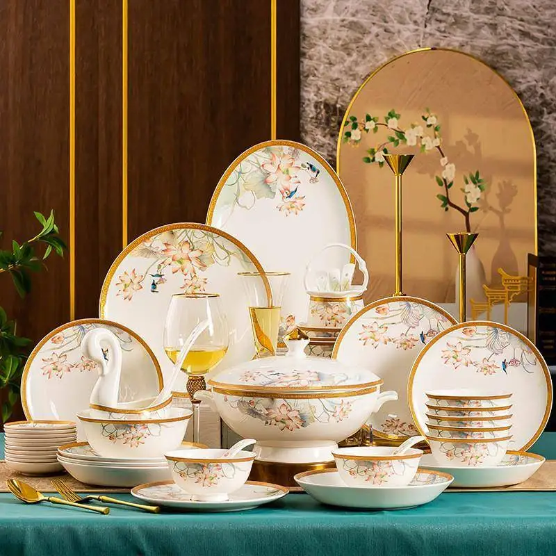 

Phnom Penh bone china tableware light luxury dish set household dish combination can be microwaved
