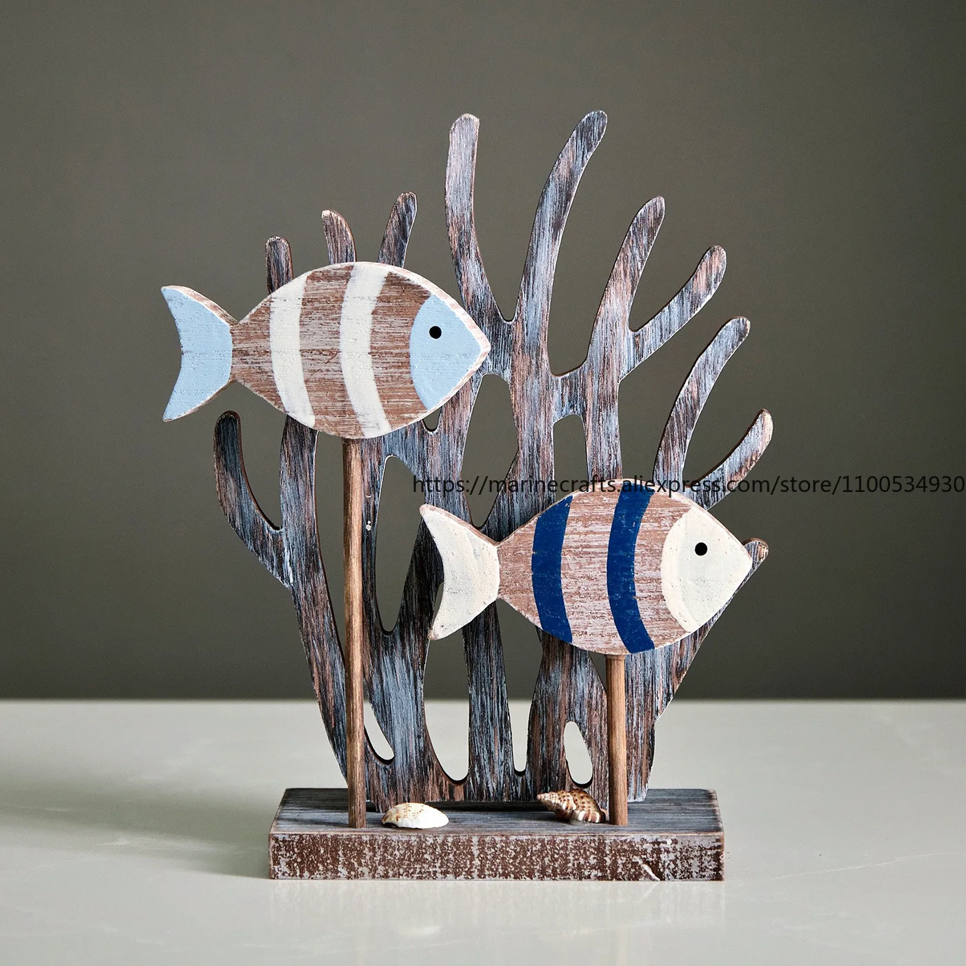 Mediterranean Style Wooden Fish Ornament 3D Small Fish Coral Decoration Showflat Soft Decoration TV Cabinet Tabletop Ornament