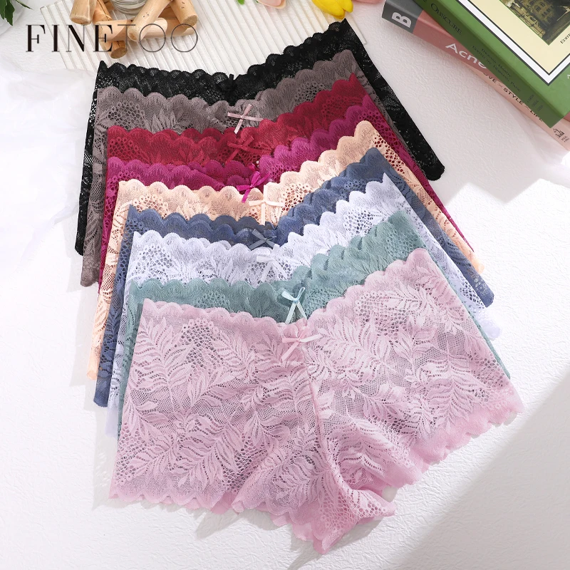 FINETOO 8Pcs/set Lace Hollow Out Boyshort Women\'s Panties Sexy Low-Rise Floral Underwear Girls Comfortable Underpants Lingerie