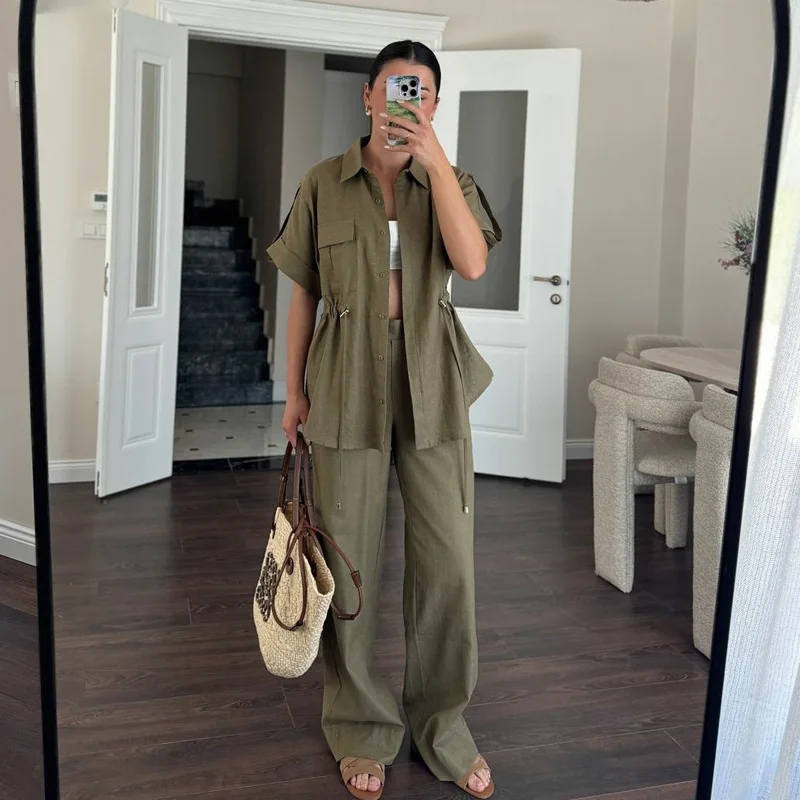 

Fashion Solid Color Drawstring Button Short-sleeved Tops Work Pants Sets Women Summer Top Pocket Work Pants Sets For Women 2025