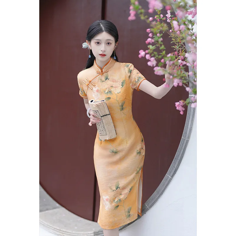 Elegant Women Print Flower Wedding Dress Oriental Bride Mandarin Collar Evening Qipao Short Sleeve Cheongsam