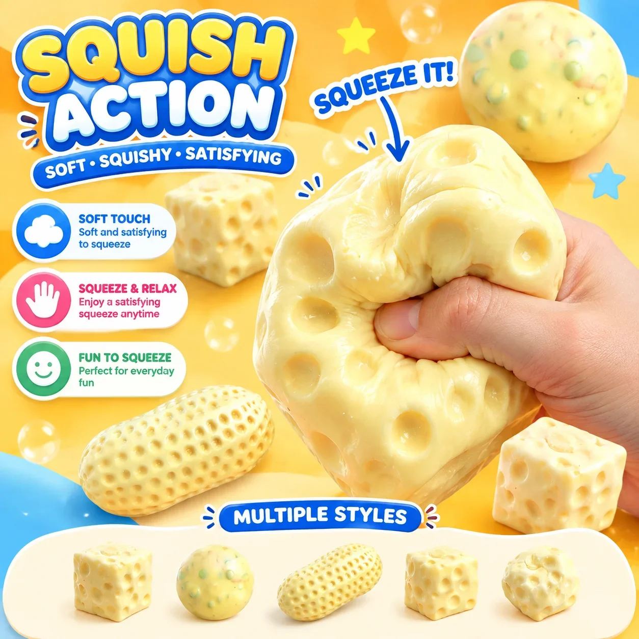 Crispy Crunchy Peanuts Squishy Stress Ball Toy Moldable Cheese Fidget Sensory Relief ASMR No Rebound Toys for Adults Kids Gift