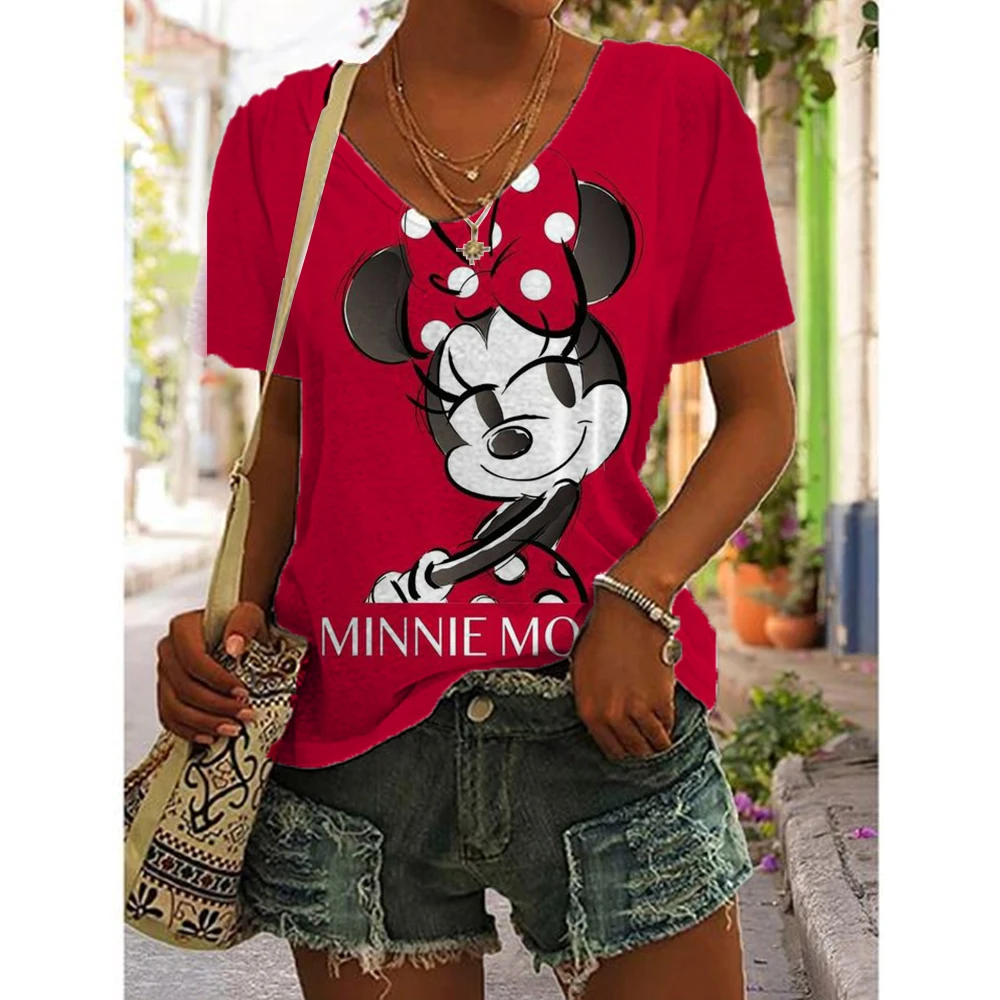 Summer Casual V-neck T-shirt For women's Mickey Mouse Print Shirt Top Loose Vintage women's Street Wear Short Sleeved Clothes s-