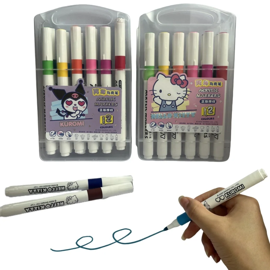 12 Stück/Box Hello Sanrio Kitty Kuromi Acryl-Marker Aufbewahrungsbox - Multifunktionaler Stiftorganizer mit 12 Markern Inklusive