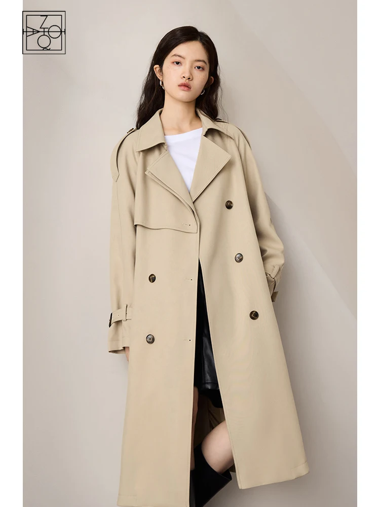 ZIQIAO Women British Style Double Breasted Casual Trench Coats Autumn Long Temperament Black Trench Jackets Straight FemaleCoat