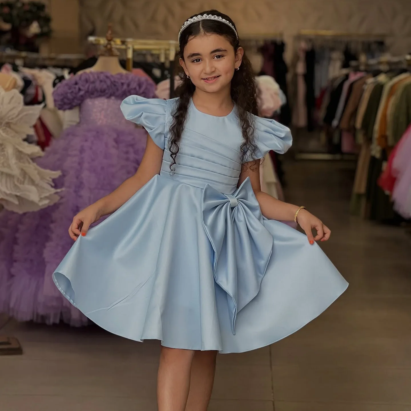 Satin Flower Girl Dress with Bow, European Style Tutu for Birthday Party & Piano Recital, Elegant Catwalk Gown Little/Big Girls
