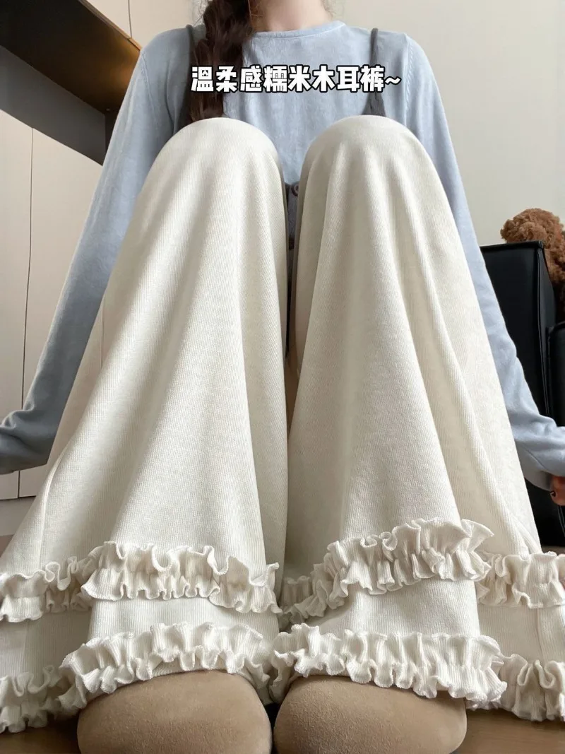 Pantalones sueltos y cómodos de arroz glutinoso con bordes de hongos, informales, clásicos, versátiles, nuevos pantalones de pierna ancha de cintura alta 2025