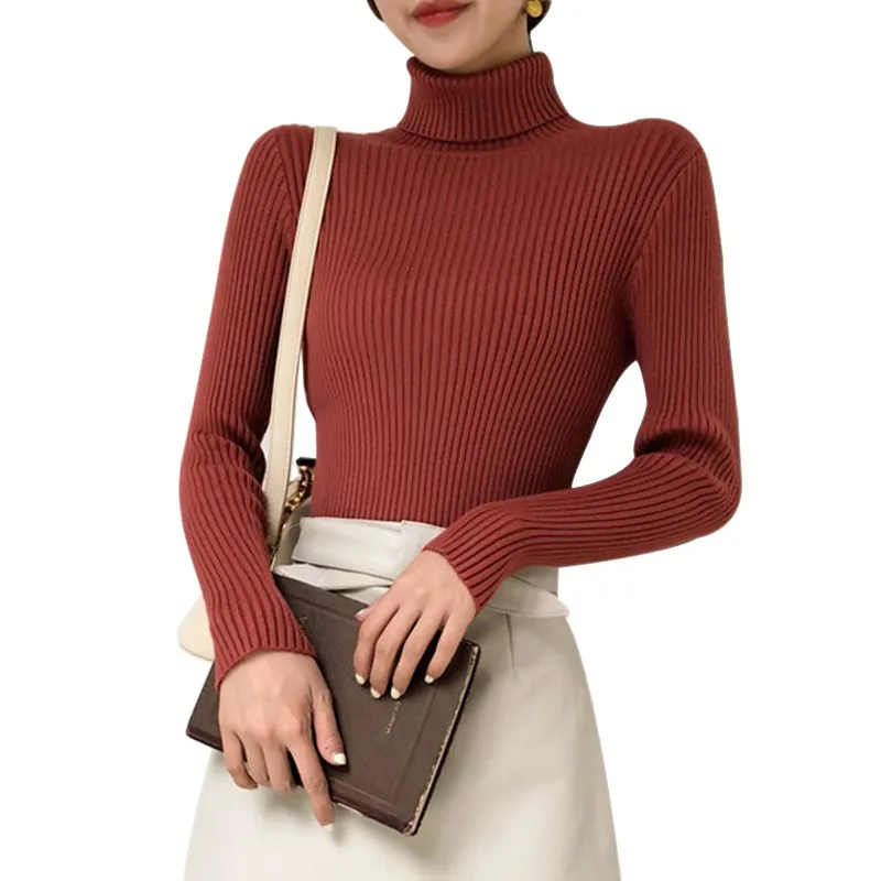 Women Solid Color Turtleneck Sweater Fall Winter Long Sleeve Slim Stretch Knitted Casual Bottom Sweater 