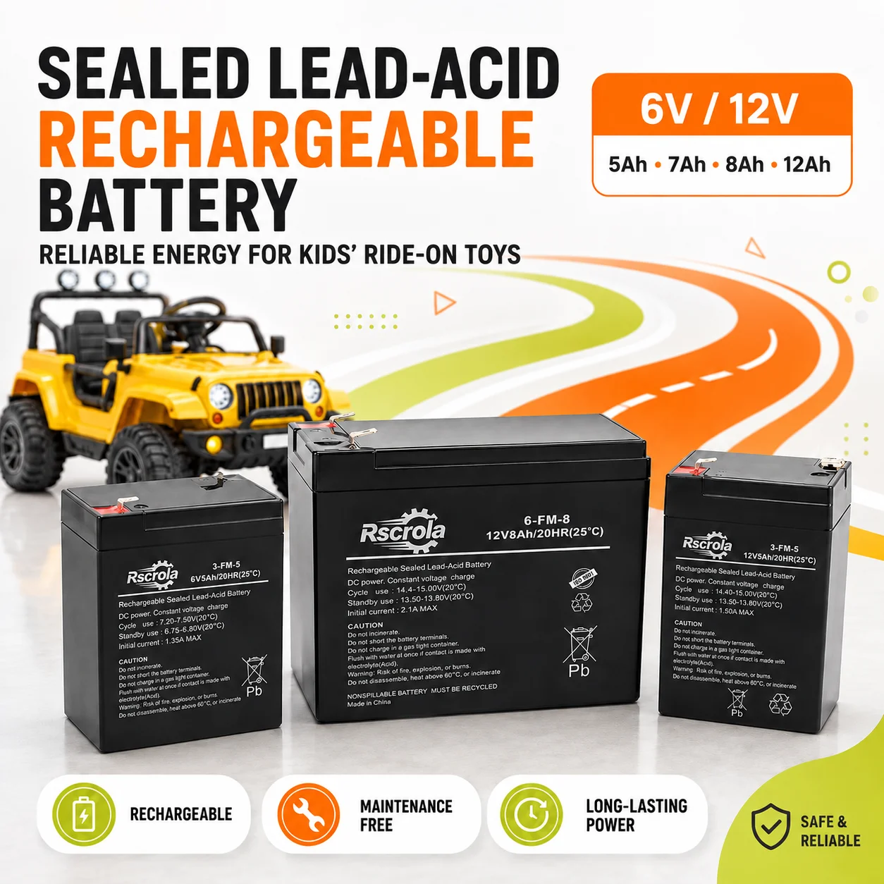 6V 12V Rechargeable Battery 5Ah 7Ah 8Ah 12Ah Sealed Lead Acid Replacement for Kids Ride On Car Motorcycle Stroller