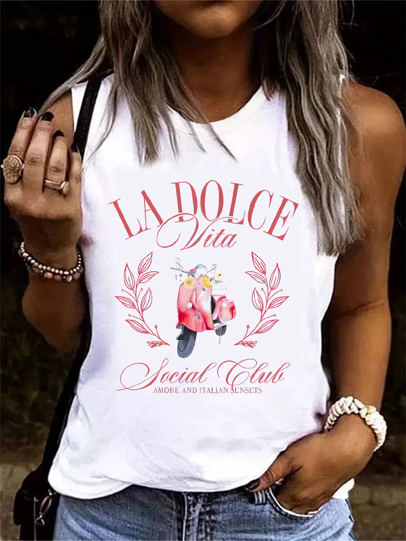 Camiseta con estampado de La Dolce Vita, camiseta sin mangas Harajuku, camiseta sin mangas con cuello redondo para mujer