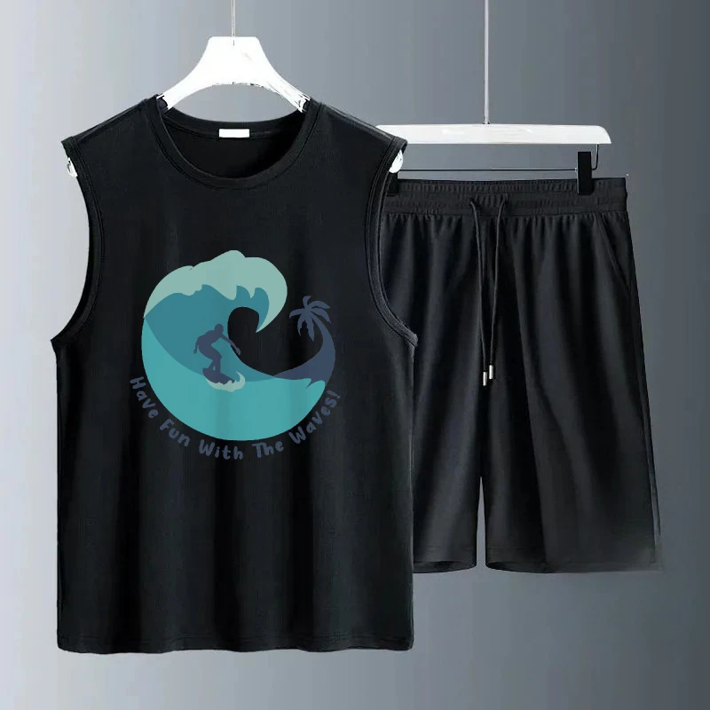 

2025 Summer Men's Sleeveless Casual Blue sea wave print Set Quick Dry Comfortable Wear for Outdoor Activities suits gym sets