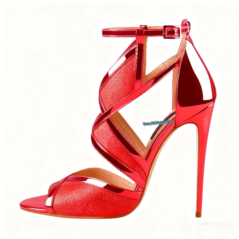 Sandały damskie luksusowe z ażurowym wzorem, szpilką, odkrytymi palcami, z paskiem na pięcie i klamrą, model 2025.