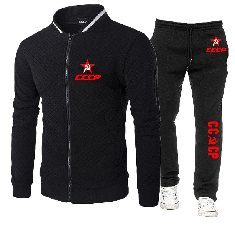 

CCCP Russian 2023 Men's USSR Soviet Union New Round Neck Zipper Print Jackets Sport Hoodies Fitness Tops Sweatpant Two Piece Set