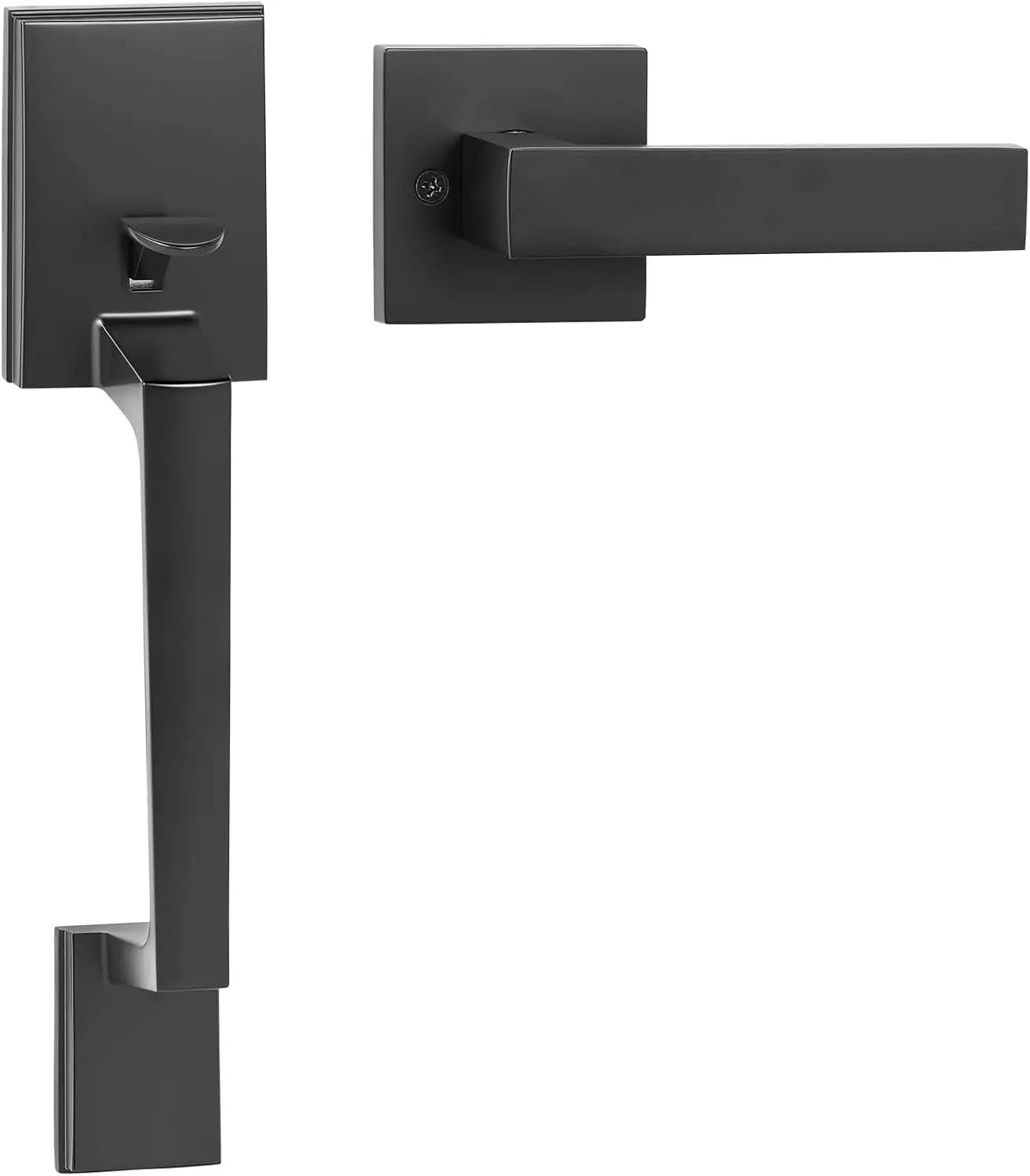 Front Door Handle, Matte Black Square Handle Set with Lever Door Handle No Lock, Adjustable Hole Space, Entry Door Handle