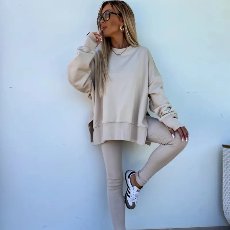 

New Autumn Women's Tight Pants Sport Sets Casual Loose Slit Hoodie Set 2025 Winter Solid Comfortable Elastic Pant Two-piece Set