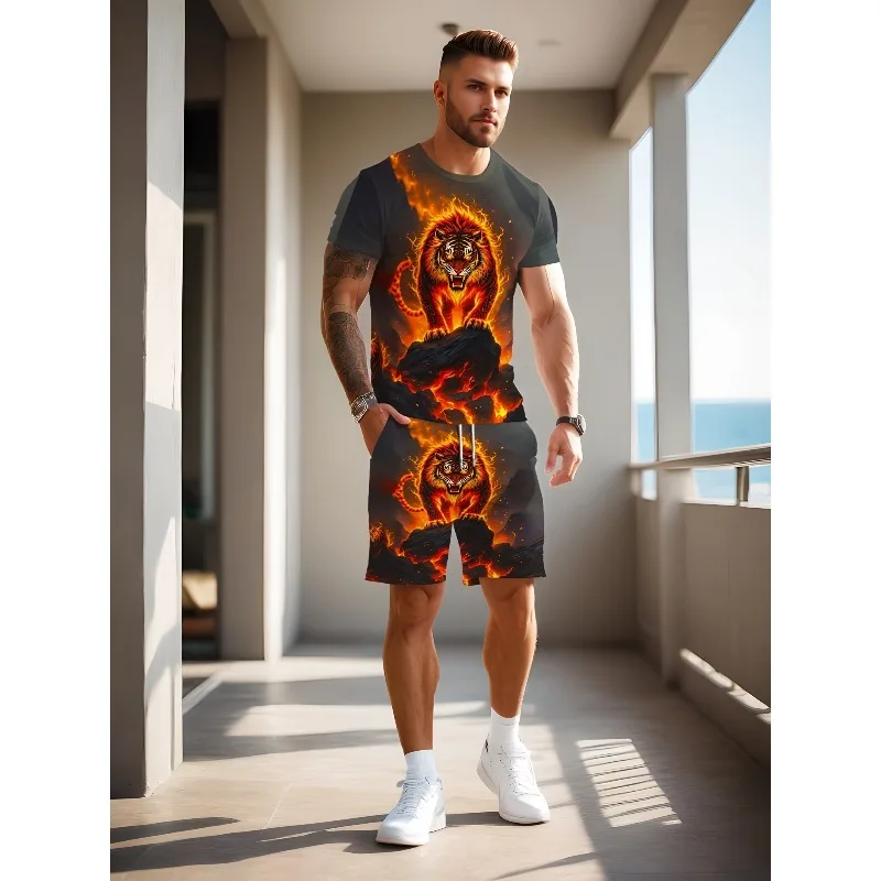 2025 Fashion Leisure Summer Men's Sports Style 3D Digital Printing Pattern Round Neck Short Sleeved T-shirt Shorts 2-piece Set