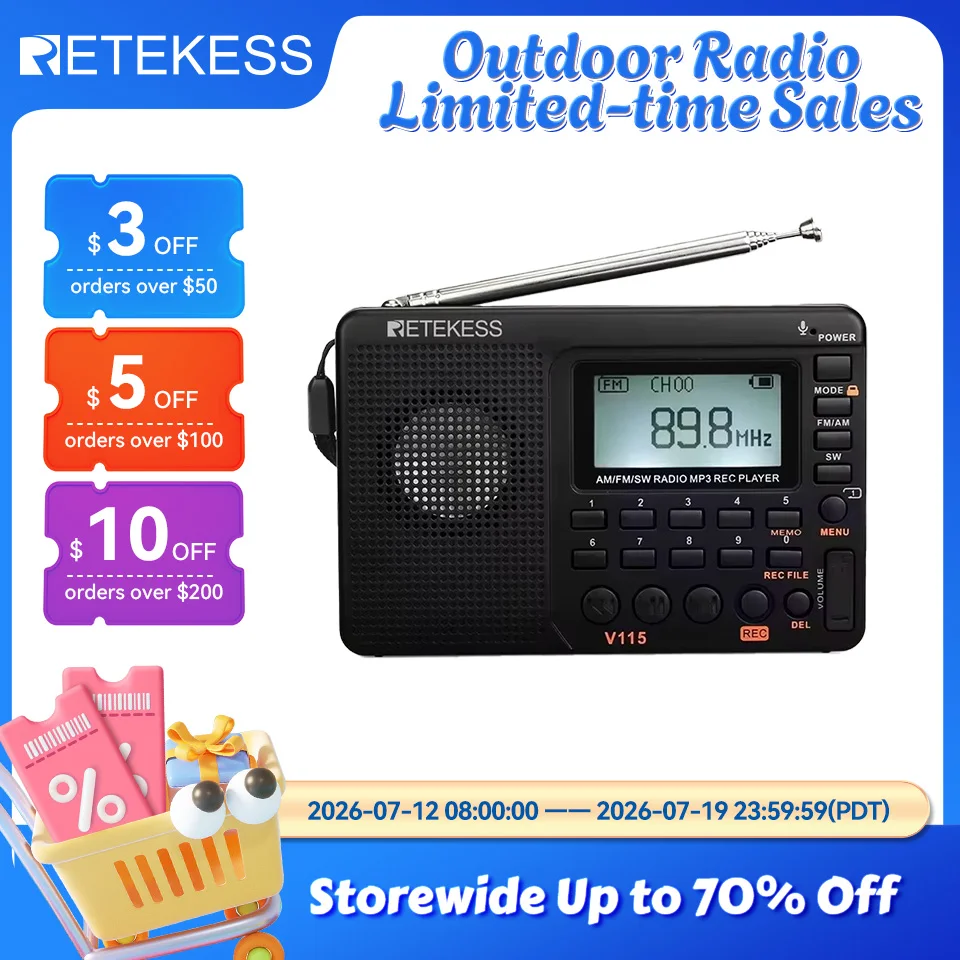 RETEKESS V115 휴대용 라디오, 충전식 AM/FM 라디오, 다기능 단파 수신기, 캠핑 및 선물용으로 좋은 음질 제공
