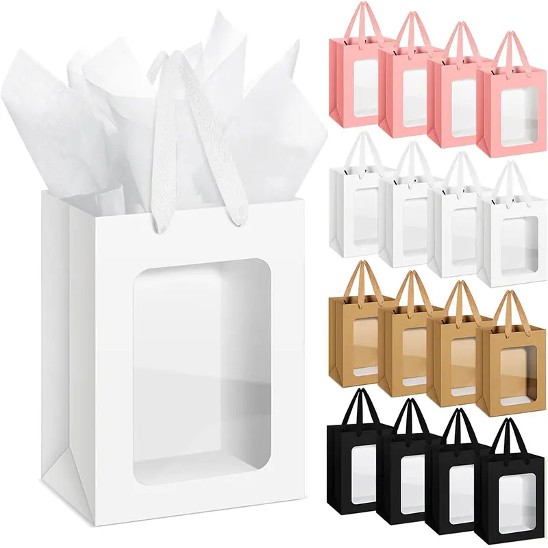 Sac cadeau en papier de haute qualité, avec fenêtre transparente et poignée robuste, adapté à la fête des mères, une fête nuptiale, 4/12 pièces
