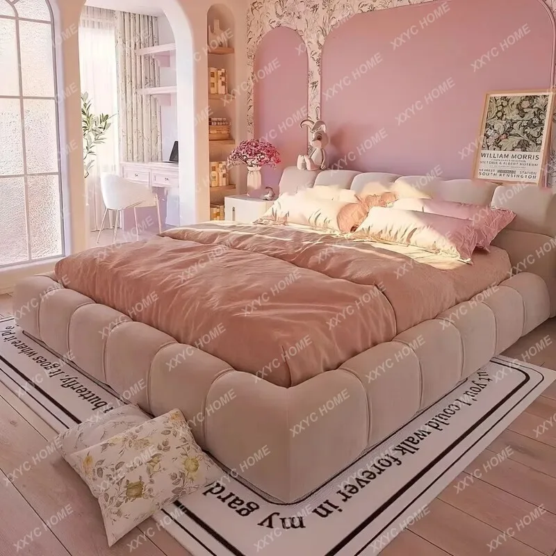 LXDouble bed, cream-style puff bed, double master bedroom, queen bed, modern and simple
