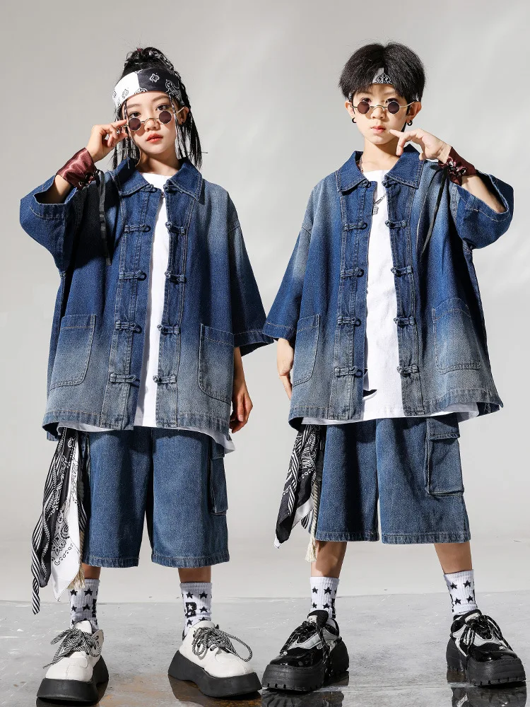 Kind Hip Hop Kleidung Set Jungen Street Dance Kostüm Mädchen Jazz Modern Dance Anzug Farbverlauf Blau Shirts Shorts Kpop Show