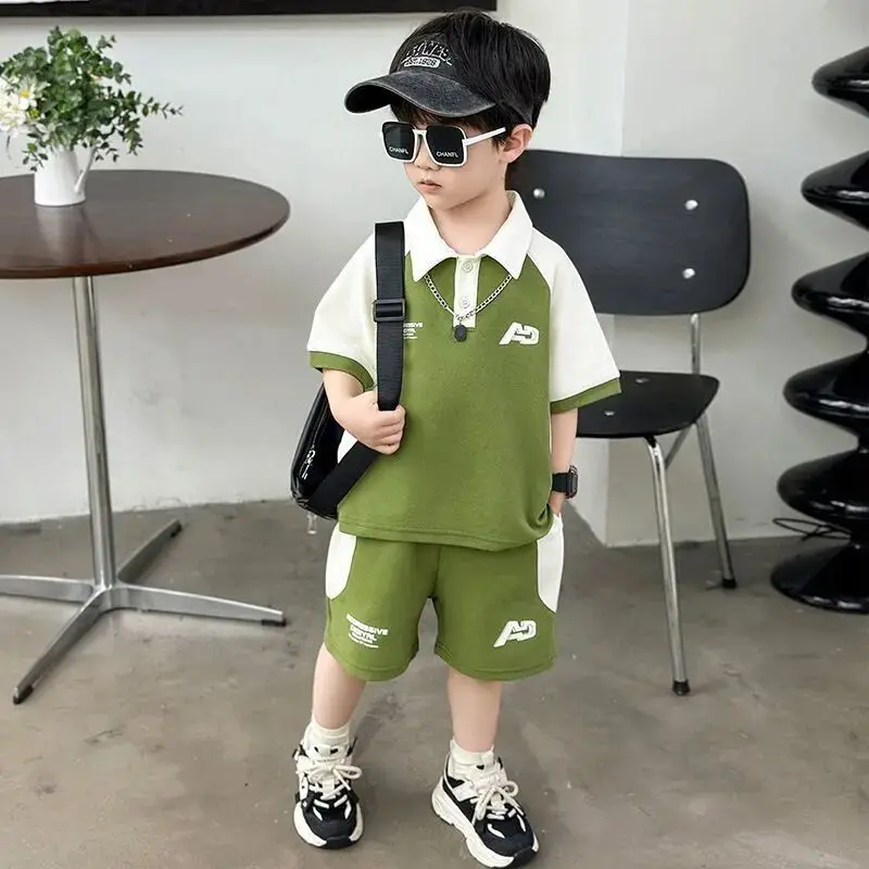 

New Fashion Baby Boys Summer Outfits Kids Turn-down T-shirt Top+Shorts Two Piece Set Children Short Sleeve Tracksuit