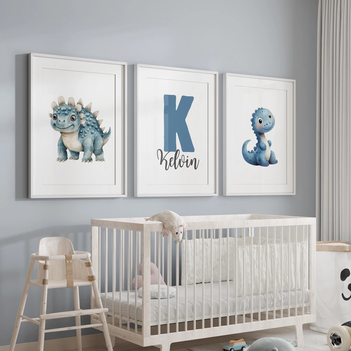 3pcs Personalized Blue  Dinosaur Nursery Prints, Baby Boy Nursery Print, Name Personalised, Custom, Digital Print Design, No Fra