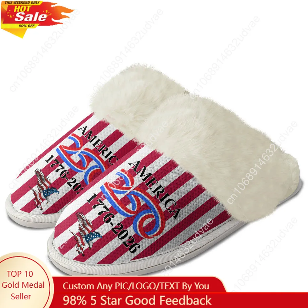 

America 250th Anniversary 1776-2026 Plush Slippers Keep Warm Shoes Mens Womens Soft Foot Covers Cotton Custom Thermal Slipper