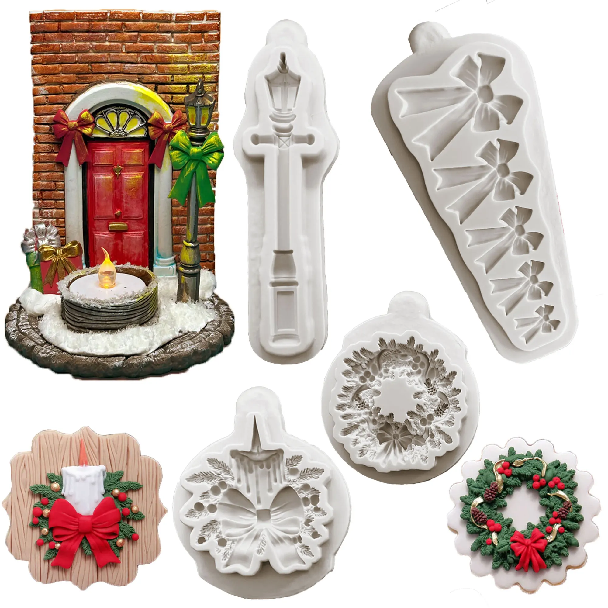 Christmas Wreath  Bow and Lamp Post Silicone Mold Fondant Cake Decorating Mold Clay,Sugarcraft Cupcake Top Chocolate Baking Tool