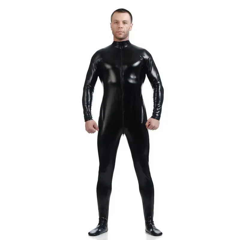 2020 Heren Latex Pak Zwart Glanzend Metallic Panty Goud Zentai Pak Full Body Unitard Custom Bodysuit Rits Voorkant Catsuit